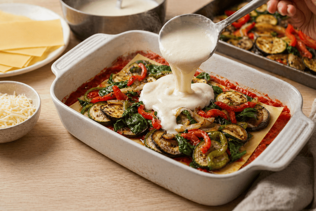 Lasaña vegetal con verduras frescas y queso en una bandeja para hornear.