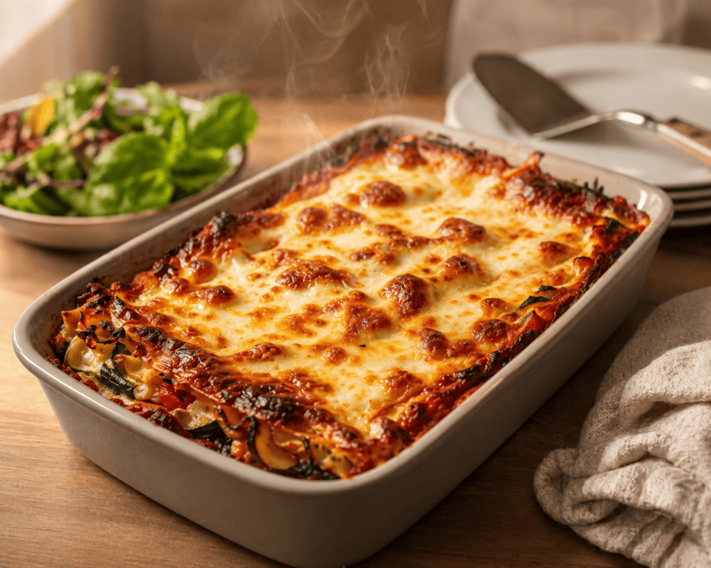 Lasaña de verduras con queso gratinado, perfecta para una comida reconfortante y saludable.