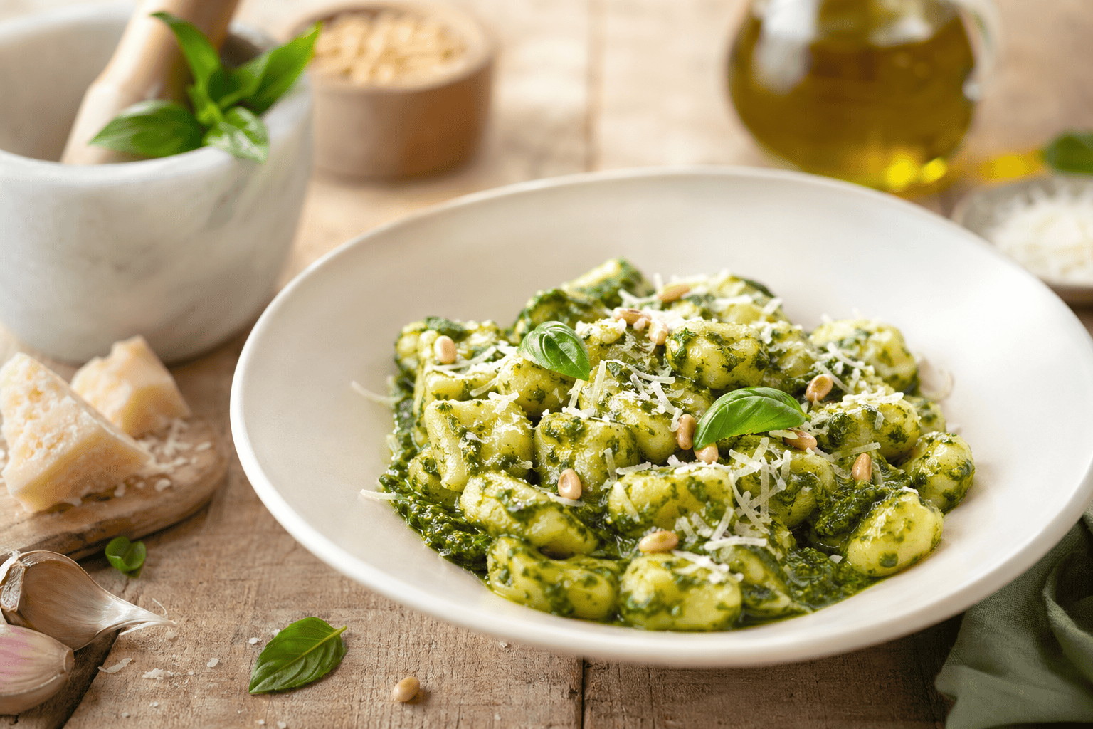 Ñoquis al pesto de albahaca con parmesano