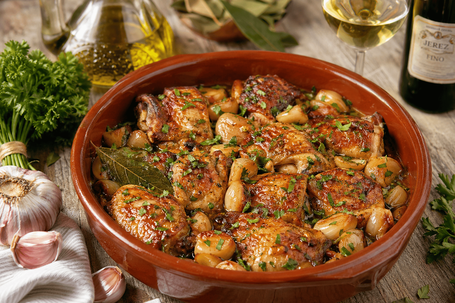 Pollo al ajillo tradicional : Jugoso y con mucho sabor.