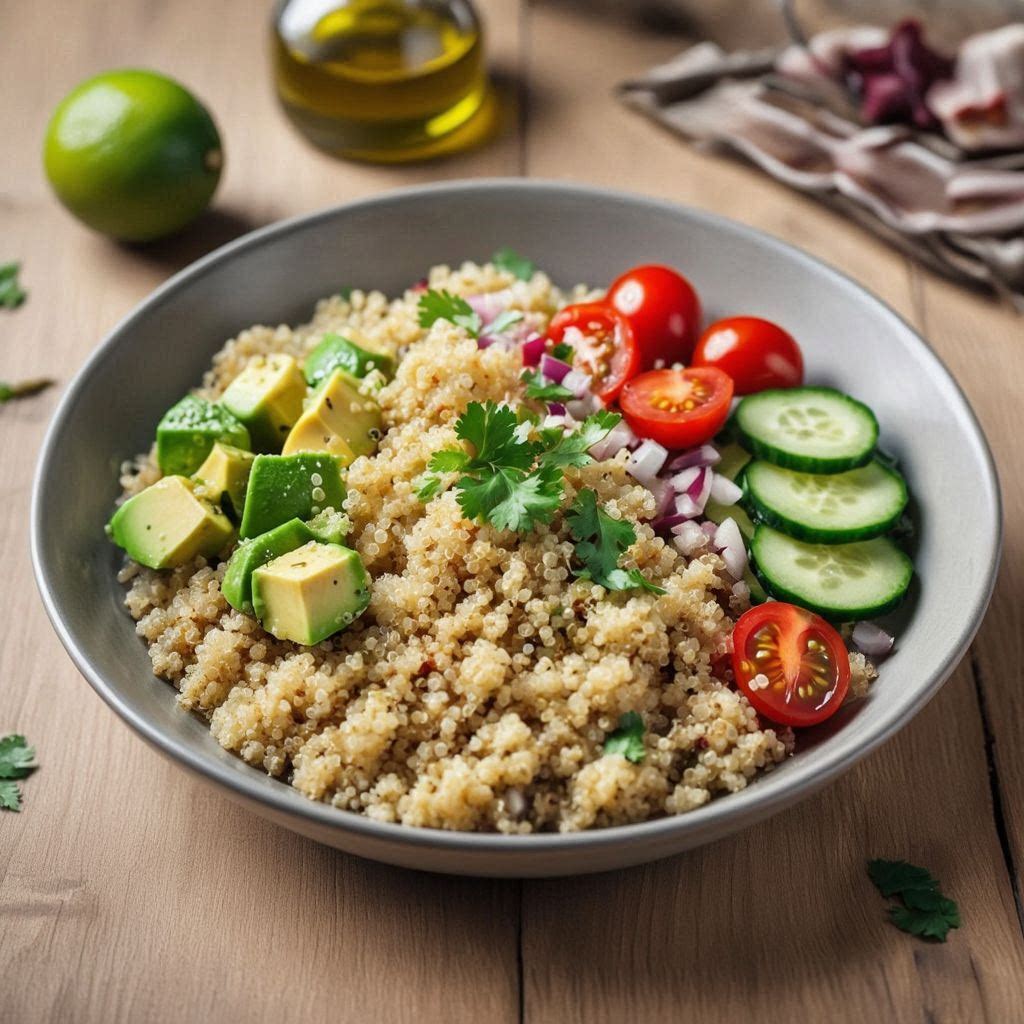 Ensalada de quinoa con aguacate, tomate y lima