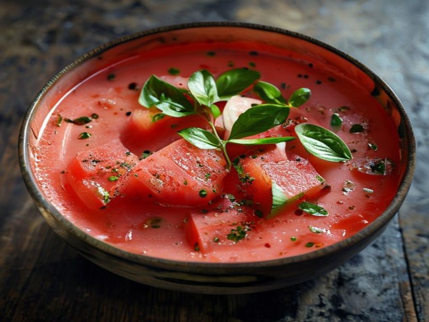 Gazpacho de sandía con jamón crujiente